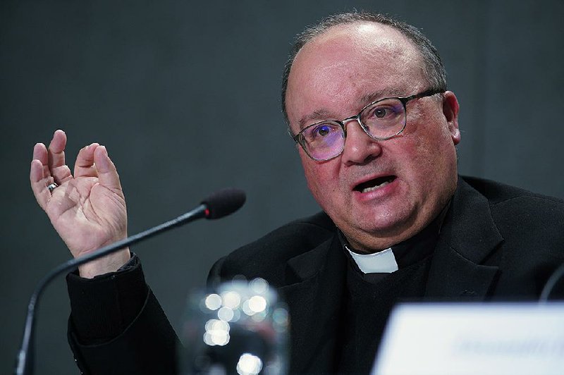  In this Thursday, May 9, 2019 file photo, Malta's Archbishop Charles Scicluna talks to journalists during a press conference at the Vatican's press room, Rome. The Vatican's sex crimes prosecutor, Archbishop Charles Scicluna, is meeting Poland's Catholic bishops to share his experience in tracking crimes, after the Polish church admitted knowledge of hundreds of cases of abuse of minors by priests. 
 (AP Photo/Andrew Medichini, file)