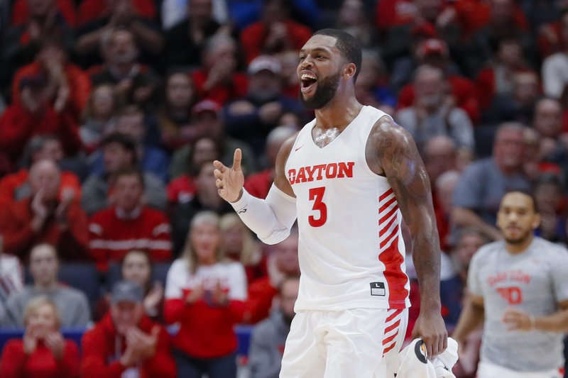 Dayton's Trey Landers (3) reacts during the first half of an NCAA college basketball game against North Texas, Tuesday, Dec. 17, 2019, in Dayton, Ohio. 
(AP Photo/John Minchillo)