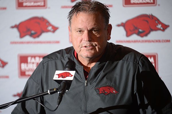 Arkansas coach Sam Pittman speaks Wednesday, Dec. 18, 2019, during a press conference to discuss the early signing period at the Fred W. Smith Football Center on the University of Arkansas in Fayetteville.
