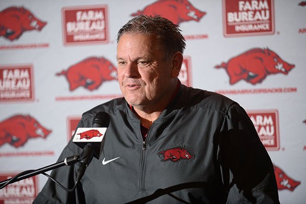 Arkansas coach Sam Pittman speaks Wednesday, Dec. 18, 2019, during a press conference to discuss the early signing period at the Fred W. Smith Football Center on the University of Arkansas in Fayetteville.	