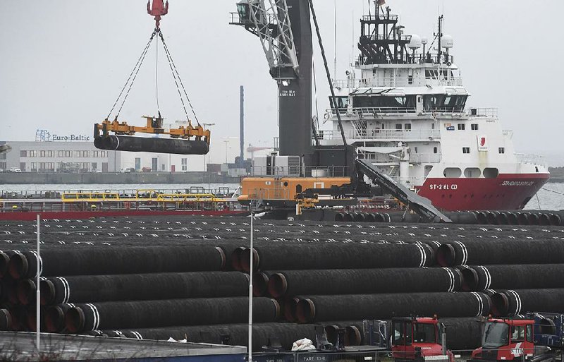 Pipes for the Nord Stream 2 Baltic Sea gas pipeline are stacked at the port of Mukran at Sassnitz, Germany.
(AP/Stefan Sauer)