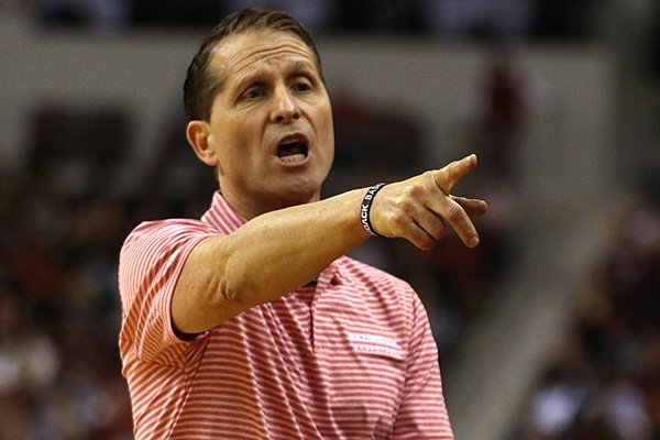 Arkansas head coach Eric Musselman yells to his players during the second half of the Razorbacks' 72-68 win over Valparaiso on Saturday, Dec. 21, 2019, at Simmons Bank Arena in North Little Rock.