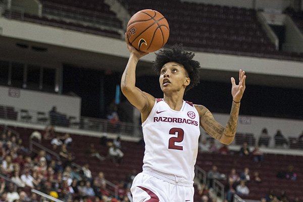 Arkansas' Alexis Tolefree (2) goes up for a shot during the Razorbacks' game against Arkansas-Little Rock on Saturday, Dec. 21, 2019, at Simmons Bank Arena in North Little Rock.