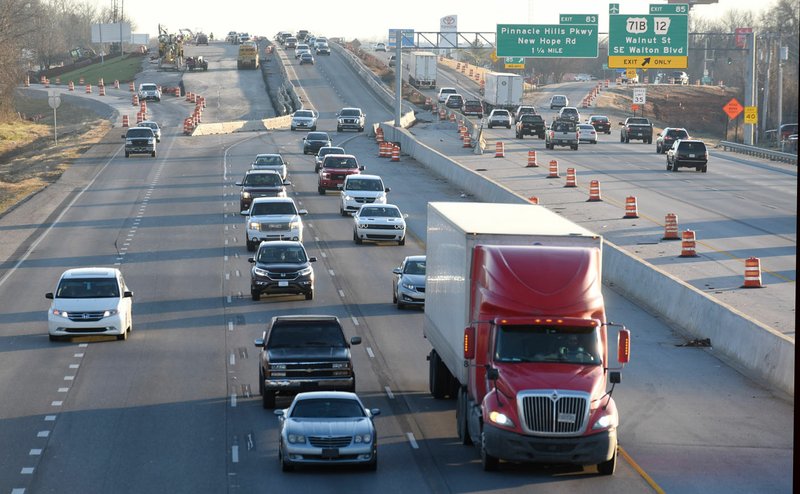 NWA Arkansas Democrat-Gazette/DAVID GOTTSCHALK Traffic moves north Wednesday on Interstate 49 near Exit 85 in Benton County. A study by the ETC Institute from Olathe, Kan., found Northwest Arkansas residents dislike driving during rush hours and want more and better public transit.