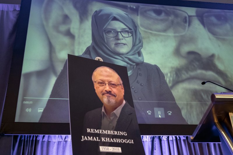 FILE - In this Nov. 2, 2018 file photo, a video image of Hatice Cengiz, fiancee of slain Saudi journalist Jamal Khashoggi, is played during an event to remember Khashoggi, who died inside the Saudi Consulate in Istanbul on Oct. 2, 2018, in Washington. A court in Saudi Arabia has sentenced five people to death for the killing of Washington Post columnist Jamal Khashoggi, who was murdered in the Saudi Consulate in Istanbul last year by a team of Saudi agents. Saudi Arabia's state TV reported Monday, Dec. 23, 2019 that three others were sentenced to prison. All can appeal the verdicts. (AP Photo/J. Scott Applewhite, File)

