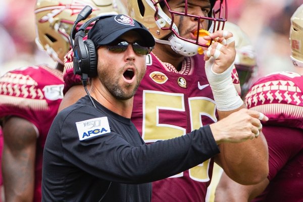 Florida State offensive coordinator Kendal Briles gestures in the first half of an NCAA college football game against Boise State in Tallahassee, Fla., Saturday, Aug. 31, 2019. (AP Photo/Mark Wallheiser)