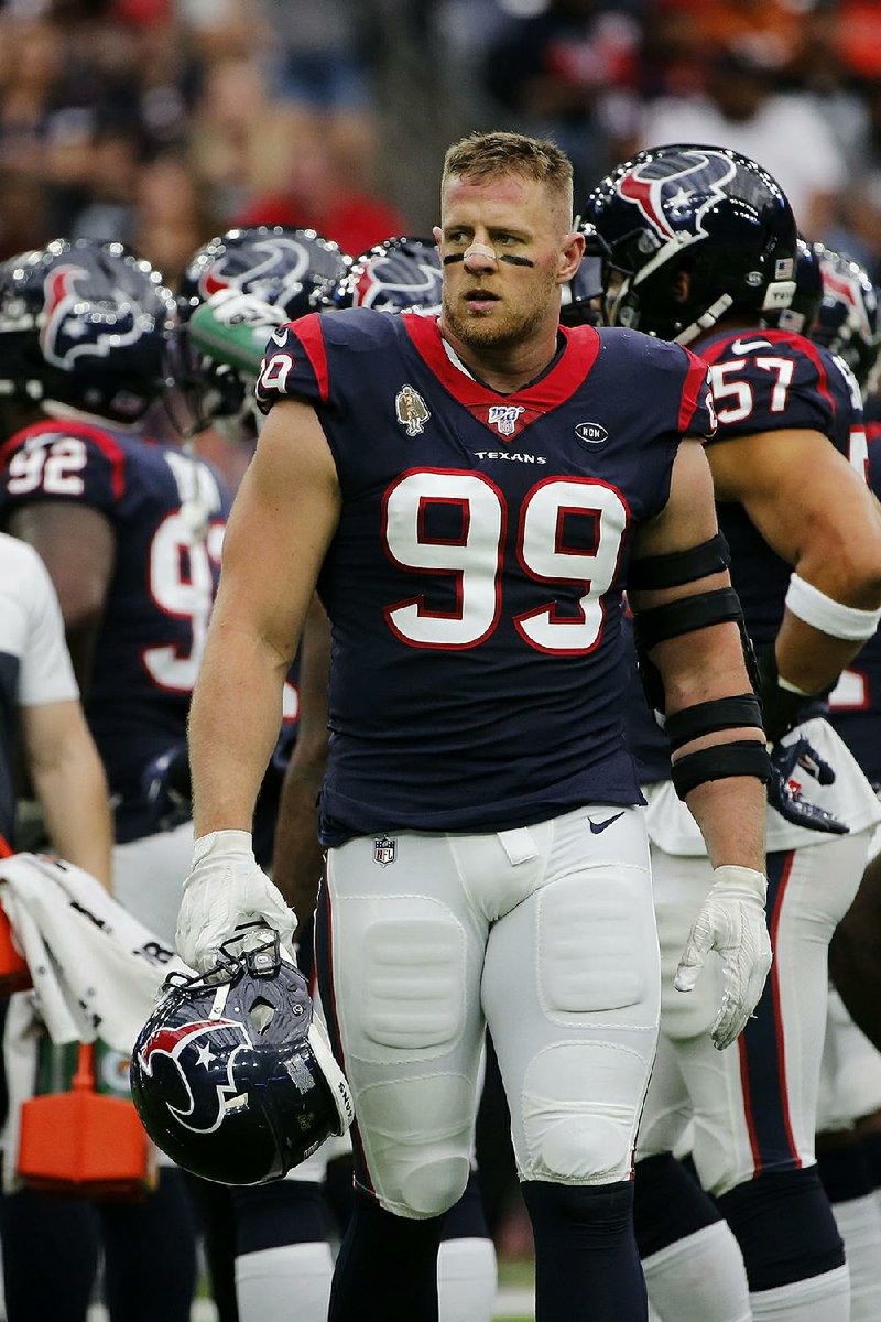 Houston Texans defensive end J.J. Watt prepares to play against the Oakland Raiders during the first half of an NFL football game between the Oakland Raiders and the Houston Texans, Sunday, Oct. 27, 2019 in Houston. 
(Photo by Michael Ainsworth/AP Images for Panini)