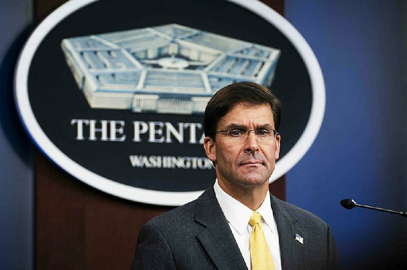 Defense Secretary Mark Esper meets with reporters for a press briefing at the Pentagon in Arlington, Va., Aug. 28, 2019. 
(Doug Mills/The New York Times)