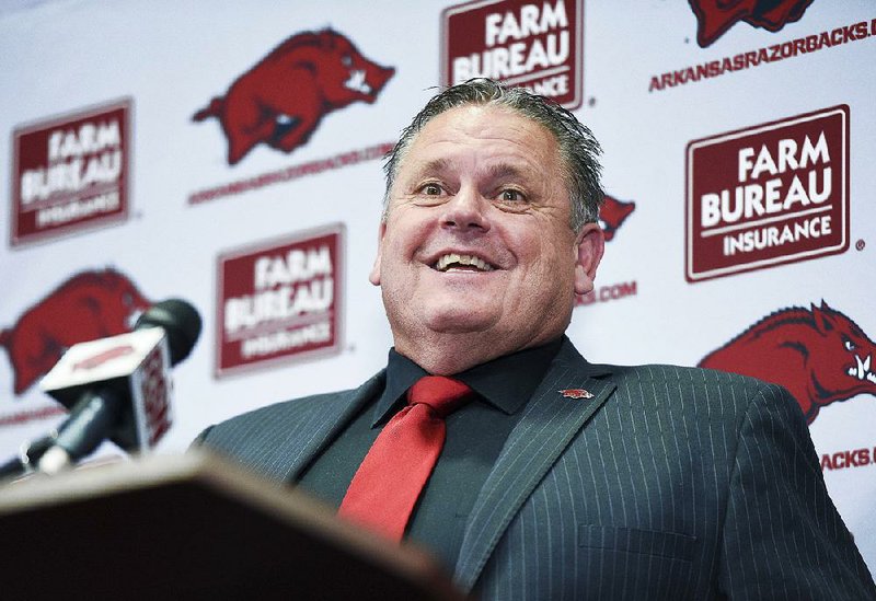 NWA Democrat-Gazette/CHARLIE KAIJO Coach Sam Pittman speaks, Monday, December 9, 2019 during an introductory press conference at the Walker Pavilion in Fayetteville.

