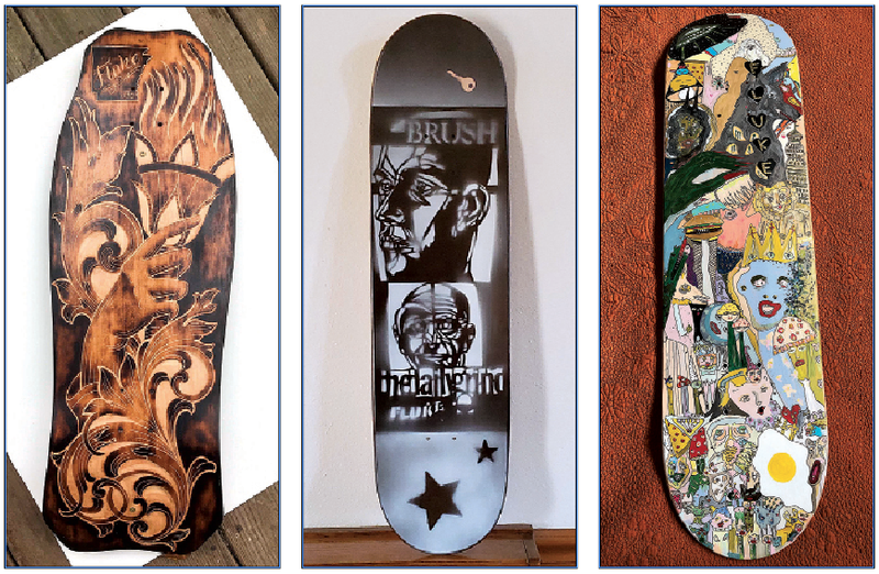 Skateboards with art by Justin Clark of Hot Springs (from left), buZ blurr of Gurdon and Laura Walden of Little Rock are part of the Fluke Life Art Show opening Saturday at Dedicated Visual Art Studio and Gallery in North Little Rock.
(Special to the Democrat-Gazette)