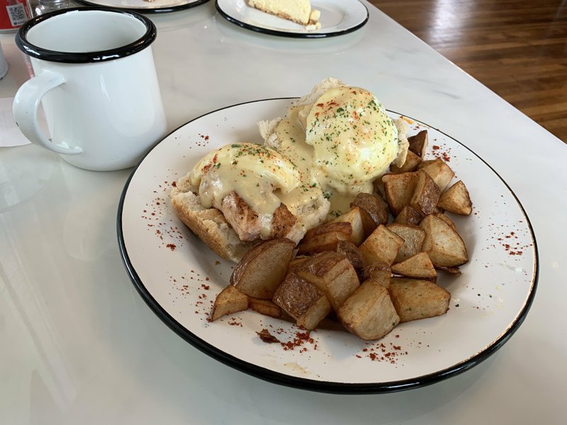 Hillcrest Little Bakery's Swimming Benedict features smoked salmon, poached eggs and hollandaise on biscuits plus a side order of breakfast potatoes.
(Arkansas Democrat-Gazette/Eric E. Harrison)