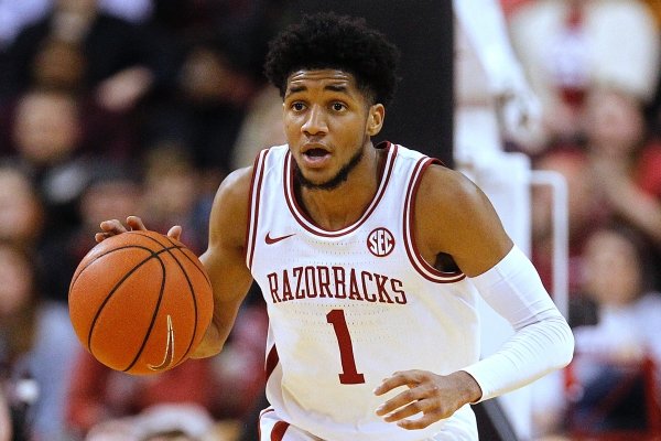 Arkansas’ Isaiah Joe (1) runs the ball down the court during the second half of the Razorbacks' 72-68 win over Valparaiso on Saturday, Dec. 21, 2019, at Simmons Bank Arena in North Little Rock. 