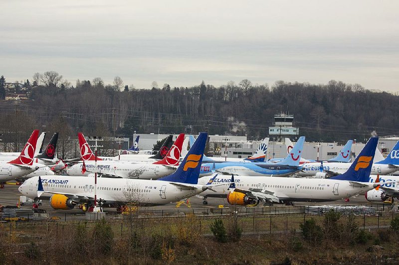 Grounded Boeing 737 Max airplanes sit in a parking lot near Boeing Field in Seattle earlier this month.  
