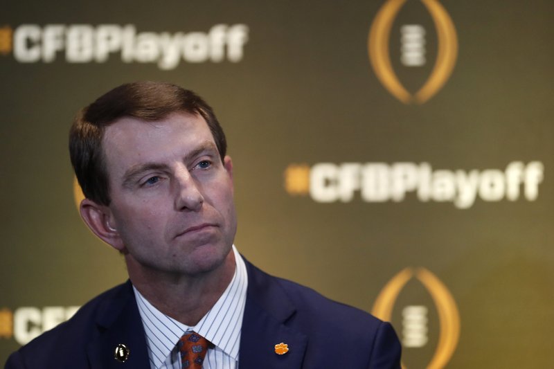 Clemson head coach Dabo Swinney speaks during a news conference ahead for the College Football playoffs Thursday, Dec. 12, 2019, in Atlanta. Ryan Day of Ohio State was unable to attend. 
(AP/John Bazemore)