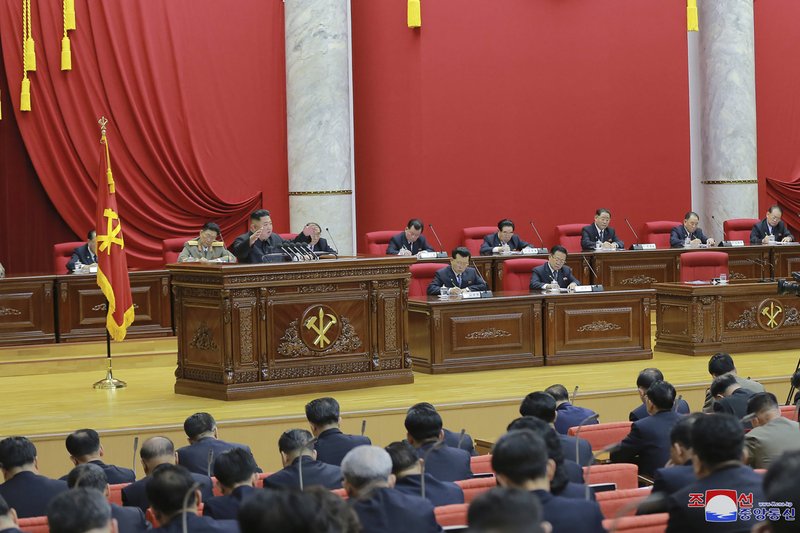 In this Saturday, Dec. 28, 2019, photo provided by the North Korean government, North Korean leader Kim Jong Un gestures while speaking during a Workers&#x2019; Party meeting in Pyongyang, North Korea. North Korea opened a high-profile political conference to discuss how to overcome &#x201c;harsh trials and difficulties,&quot; state media reported Sunday, Dec. 29, 2019, days before a year-end deadline set by Pyongyang for Washington to make concessions in nuclear negotiations. Independent journalists were not given access to cover the event depicted in this image distributed by the North Korean government. The content of this image is as provided and cannot be independently verified. Korean language watermark on image as provided by source reads: &quot;KCNA&quot; which is the abbreviation for Korean Central News Agency. (Korean Central News Agency/Korea News Service via AP)