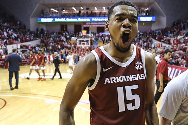 Arkansas guard Mason Jones (15) reacts as he leaves the court after beating Indiana 71-64 in an NCAA college basketball game in Bloomington, Ind., Sunday, Dec. 29, 2019. A (AP Photo/AJ Mast)


