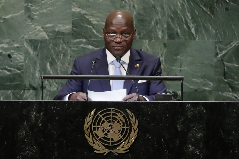 FIEL - In this Sept. 27, 2018, file photo, Guinea-Bissau President Jose Mario Vaz addresses the 73rd session of the United Nations General Assembly at the United Nations headquarters. Two former prime ministers of Guinea-Bissau are vying for the presidency in a runoff election Sunday, Dec. 29, 2019 after the incumbent failed to reach the second round in the tumultuous West African country once described by the United Nations as a narco-state. (AP Photo/Frank Franklin II, File) story.lead_photo.caption