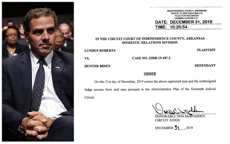 At left, Hunter Biden is shown in a 2012 file photo. At right, a screenshot of a judge's order recusing from an ongoing paternity case involving Biden.