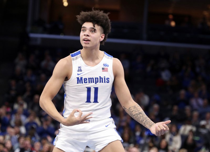 Memphis guard Lester Quinones celebrates after a basket in the second half of an NCAA college basketball game against Tulane, Monday, Dec. 30, 2019, in Memphis, Tenn. 
(AP Photo/Karen Pulfer Focht)