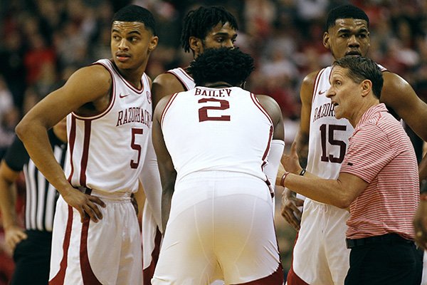 Arkansas head coach Eric Musselman talks to his players between free throws during the second half of the Razorbacks' 72-68 win over Valparaiso's on Saturday, Dec. 21, 2019, at Simmons Bank Arena in North Little Rock.