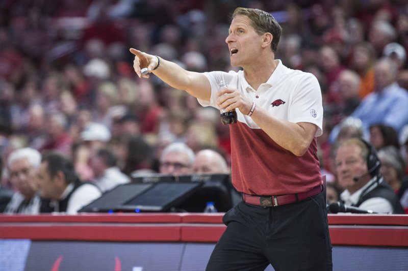 Arkansas coach Eric Musselman reacts to a call during a game against Texas A&M on Saturday, Jan. 4, 2020, in Fayetteville. 