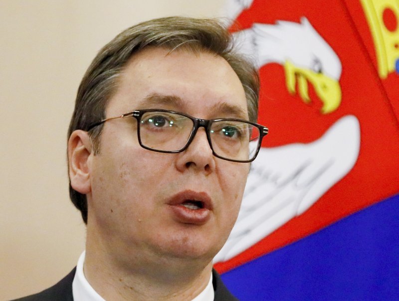 Serbian President Aleksandar Vucic speaks during a joint news conference with Russian President Vladimir Putin following their talks in the Bocharov Ruchei residence in the Black Sea resort of in Sochi, Russia, Wednesday, Dec. 4, 2019. Putin and Vucic talked about Russian natural gas supplies, military cooperation and other issues during their meeting. (Shamil Zhumatov, Pool Photo via AP)