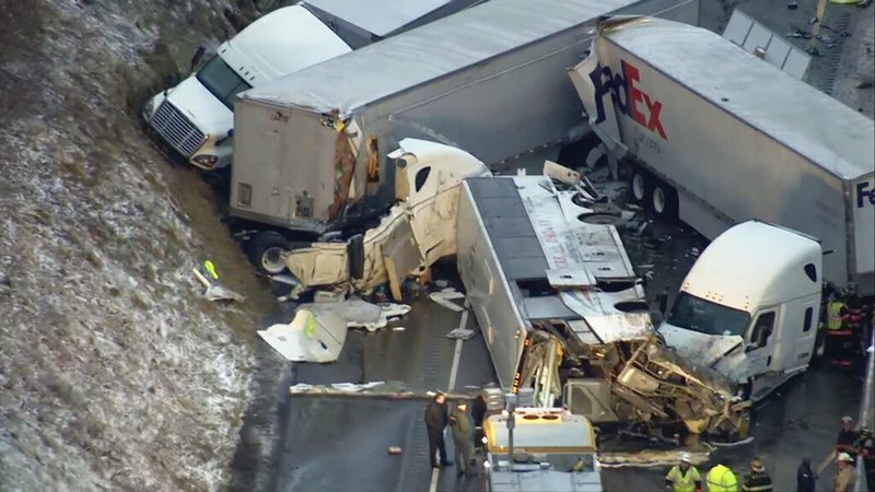 This image from video provided by KDKA TV shows the scene near Greensburg, Pa. along the Pennsylvania Turnpike where at least five people were killed and dozens were injured in a crash early Sunday, Jan. 5, 2020 that involved multiple vehicles, a transportation official said.