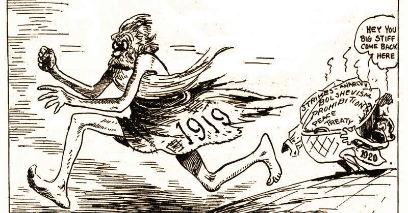 Detail from an editorial cartoon in the Jan. 5, 1920, Arkansas Democrat. 1919 leaves the new year holding the bag. (Arkansas Democrat-Gazette)