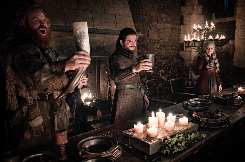 Kristofer Hivju (from left), Kit Harington and Emilia Clarke share a scene in "Game of Thrones."
(HBO/AP)