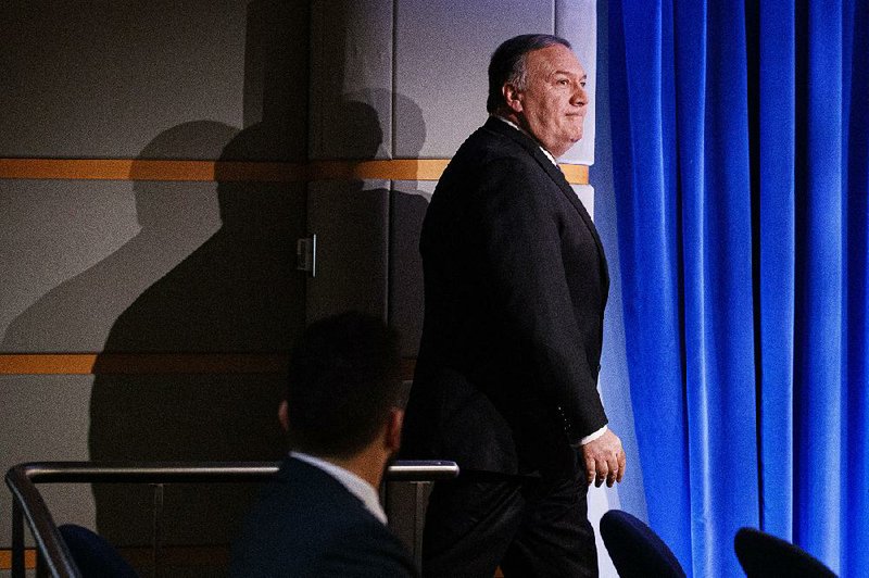 Secretary of State Mike Pompeo arrives Tuesday at the State Department to speak on the Iran situation, but he would not discuss specifics of the move to block a visa for Iranian Foreign Minister Mohammad Javad Zarif.
(AP/Jacquelyn Martin)