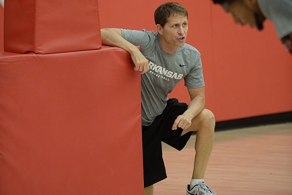 Arkansas coach Eric Musselman directs his players Thursday, Sept. 26, 2019, during practice in the Eddie Sutton Gymnasium inside the Basketball Performance Center in Fayetteville.