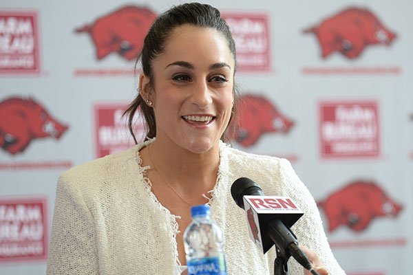 Arkansas gymnastics coach Jordyn Wieber speaks Thursday, April 25, 2019, during a ceremony in the Bev Lewis Center for Women's Athletics on the University of Arkansas campus in Fayetteville.