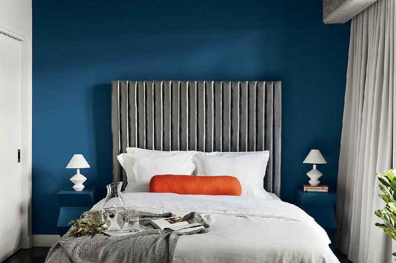 “Chinese Porcelain,” the color featured on this room’s bed wall, is PPG’s 2020 Color of the Year.