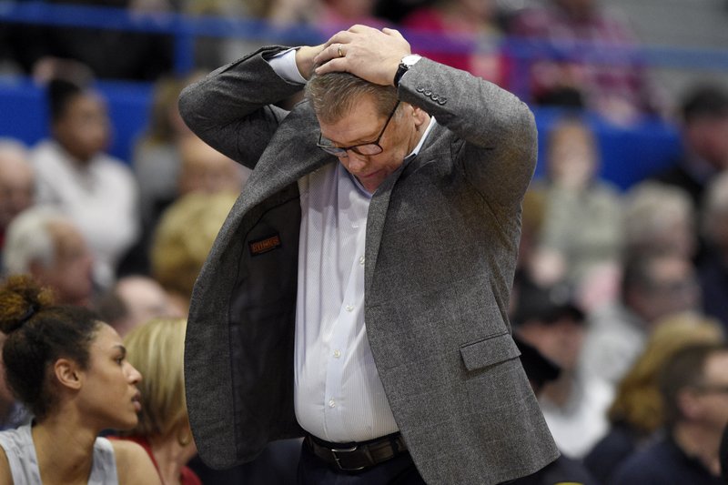 Connecticut coach Geno Auriemma reacts during the second half of the team's NCAA college basketball game against Baylor, Thursday, Jan. 9, 2020, in Hartford, Conn. (AP Photo/Jessica Hill)
