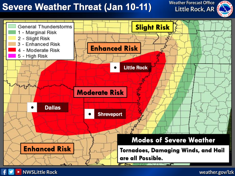 FRIDAY UPDATE: This new National Weather Service graphic details severe weather risk areas in the state Friday into Saturday.