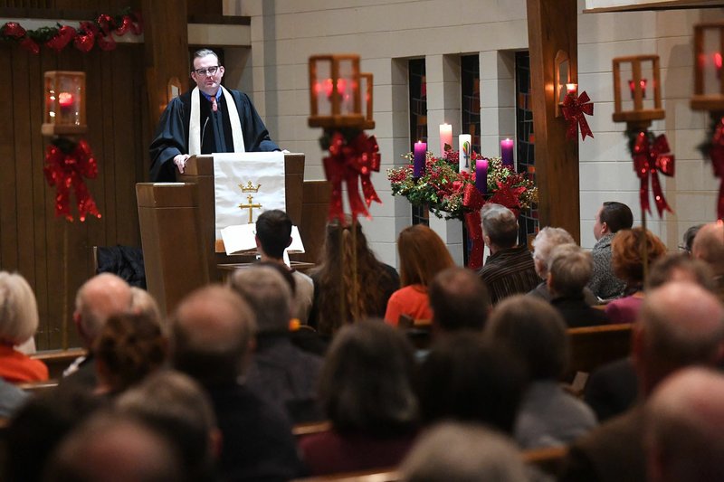 The Rev. Terry Goshell, senior pastor at Trinity United Methodist Church in Fayetteville, speaks Jan. 5 at a special service to #ResistHarm. (NWA Democrat-Gazette/J.T. Wampler)