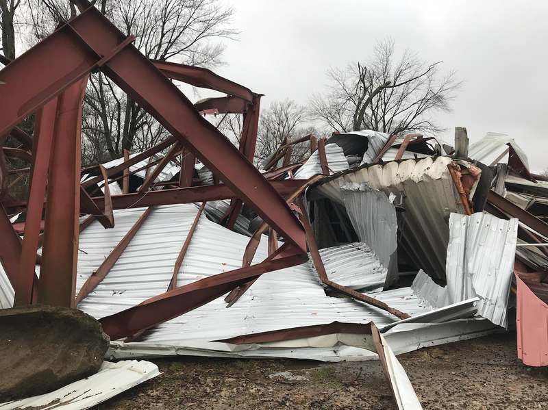 Wreckage of a structure destroyed in Lonoke County during severe storms that swept across much of the state overnight Friday and early Saturday morning.  