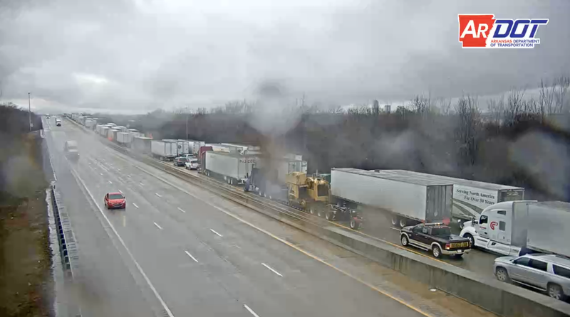 Vehicles were backed up on Interstate 440 on Saturday afternoon in this still taken from an Arkansas Department of Transportation camera. 