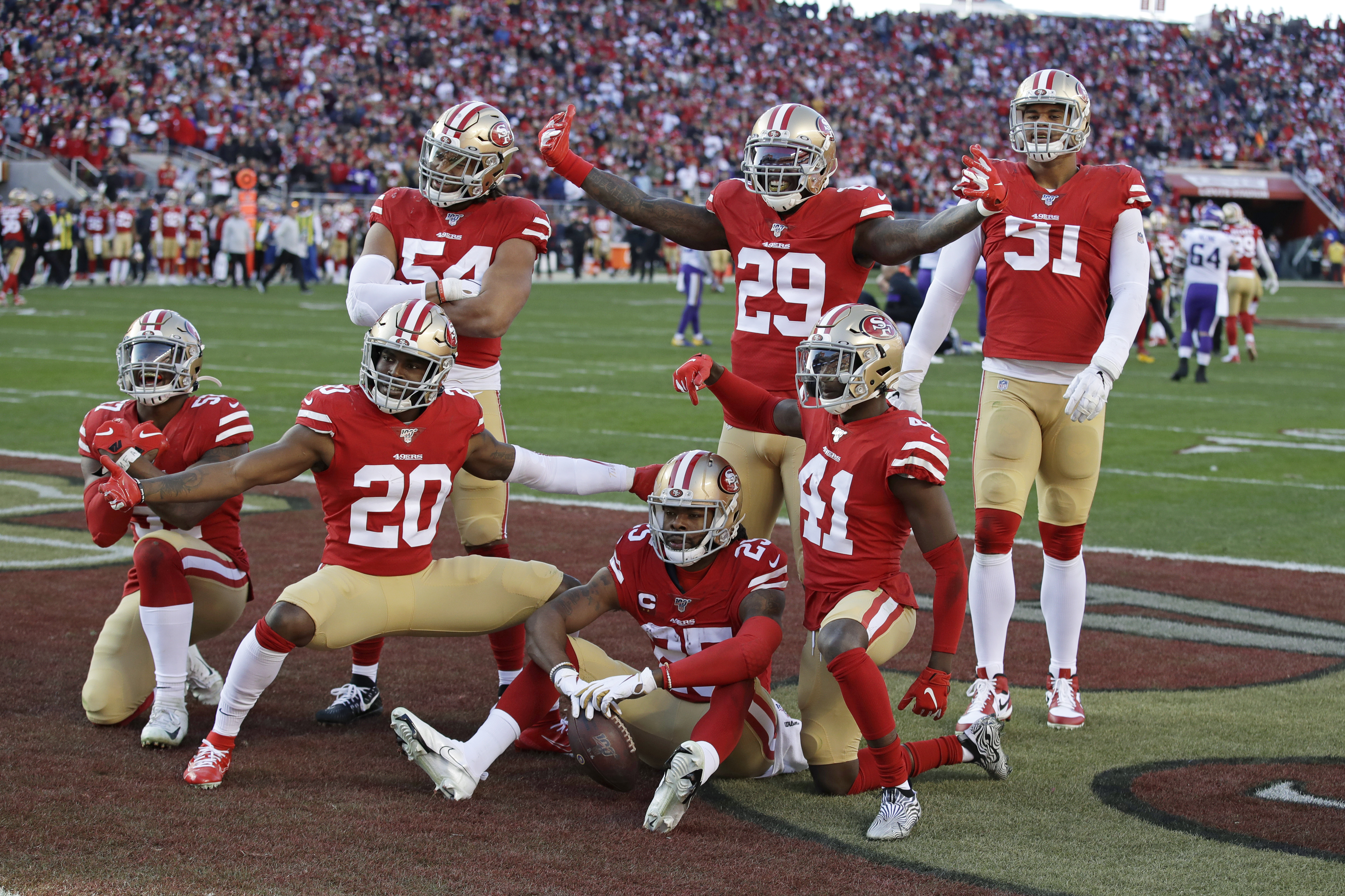 Levi's Stadium scoreboard during an NFL Divisional Playoff game between the  Minnesota Vikings and San Francisco 49ers, Saturday, Jan. 11, 2020, in  Santa Clara, Calif. The 49ers defeated the Vikings 27-10. (Photo