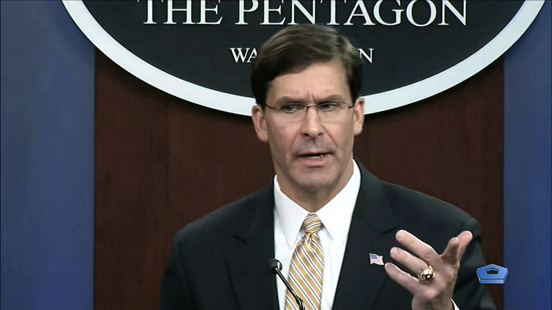 In this image from video, Secretary of Defense Mark Esper talks to the press about Iran and Iraq on Jan. 7 at the Pentagon in Washington. - divids via AP story.lead_photo.caption