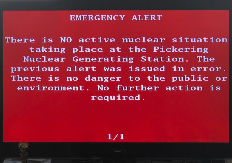 An emergency alert issued by the Canadian province of Ontario is shown on a television Sunday, Jan. 12, 2020, in Toronto, Canada. The Canadian province of Ontario sent an alert Sunday reporting an unspecified &#x201c;incident&#x201d; at a nuclear plant - only to later report the message was sent in error. (AP Photo/Robert Gillies)