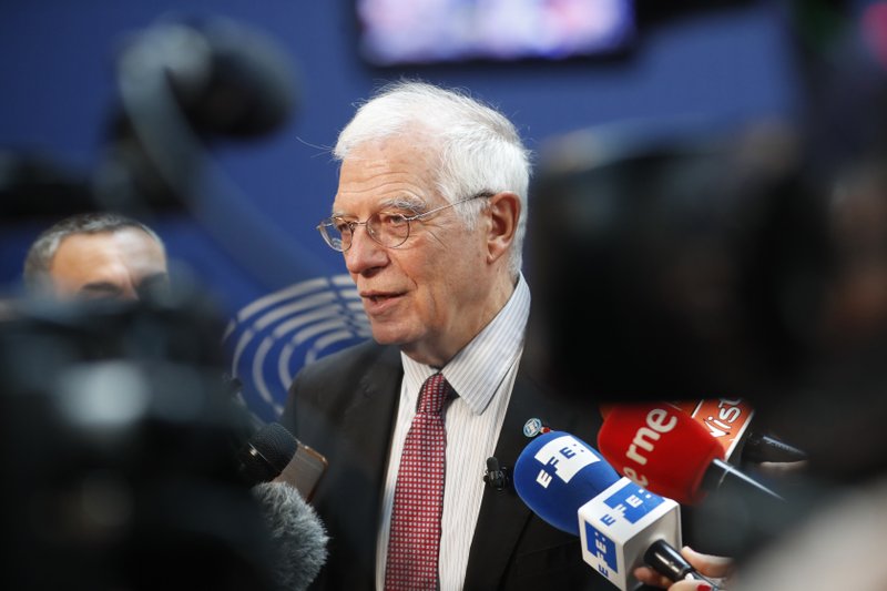 European Union foreign policy chief Josep Borrell talks to reporters at the European parliament Tuesday, Jan.14, 2020 in Strasbourg, eastern France. Britain, France and Germany have launched action under the Iran nuclear agreement paving the way for possible sanctions in response to Tehran's attempts to roll back parts of the deal, European Union foreign policy chief Josep Borrell said Tuesday. (AP Photo/Jean-Francois Badias)


