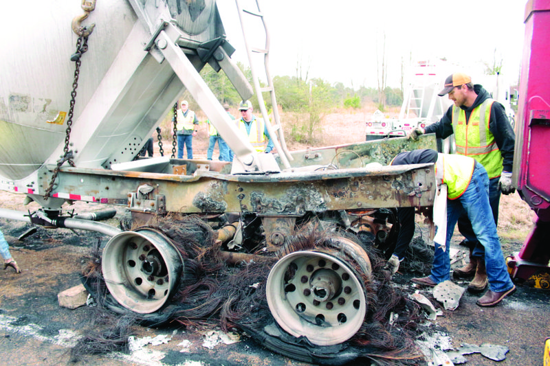 A tanker truck caught fire on the 5900 block of Highway 82 Monday night after hitting a small animal and knocking off a brake line. The truck remained parked on the highway throughout the day yesterday as the driver waited for a second truck to off-load his cargo. 