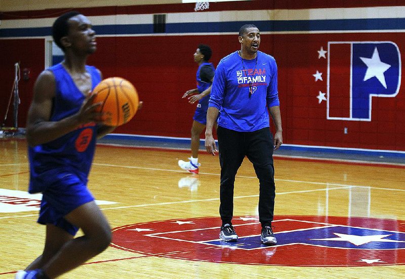Little Rock Parkview basketball coach Scotty Thurman watches his players during the Patriots' practice on Wednesday, Nov. 13, 2019, at Parkview High School. 
(Arkansas Democrat-Gazette/Thomas Metthe)