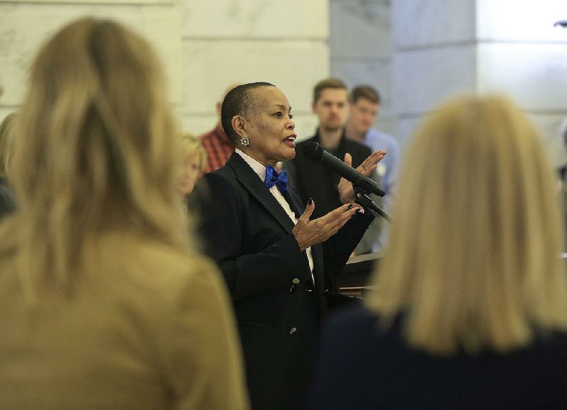 State Sen. Joyce Elliott, D-Little Rock, speaks Thursday in the Capitol rotunda during the kickoff of her campaign for the 2nd Congressional District. Elliott is running against U.S. Rep. French Hill, a Republican from Little Rock.
(Arkansas Democrat-Gazette/Staton Breidenthal)

