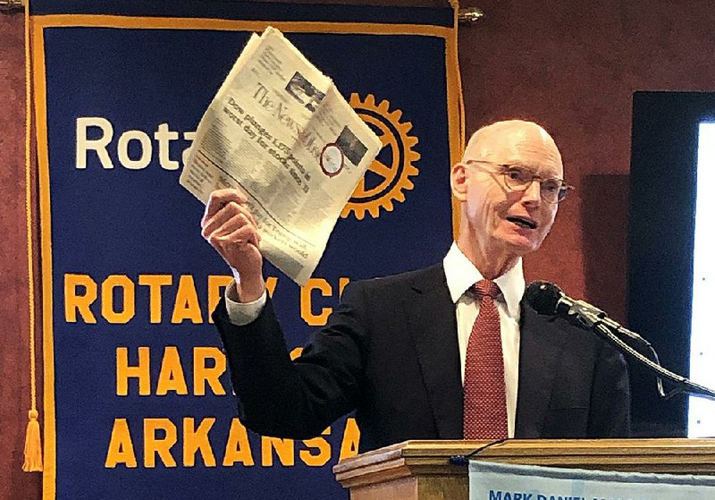 Walter E. Hussman, Jr., publisher of the Arkansas Democrat- Gazette and Northwest Arkansas Democrat-Gazette, speaks to the Harrison Rotary Club on Thursday.
(Arkansas Democrat-Gazette/Bill Bowden)