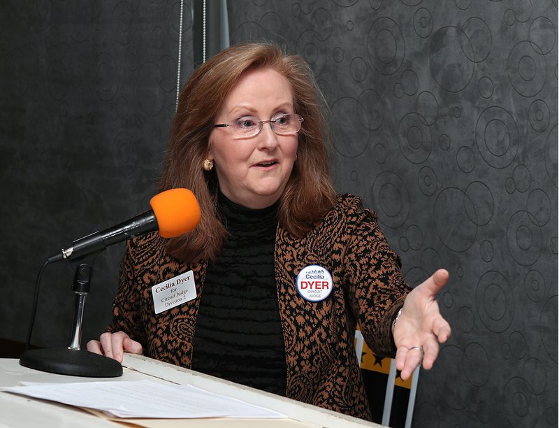 Cecilia Dyer tells the Garland County TEA Party Wednesday that her professional and personal experiences qualify her to preside over Division 2 Circuit Court. She's running against the incumbent, Judge Wade Naramore, and Brian Johnson in the March 3 nonpartisan general election. - Photo by Richard Rasmussen of The Sentinel-Record