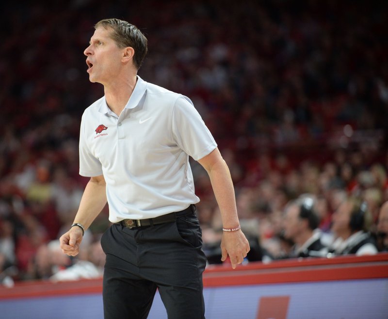 IN CHARGE: Arkansas coach Eric Musselman directs his team during the second half of Wednesday's game against Vanderbilt in Bud Walton Arena.