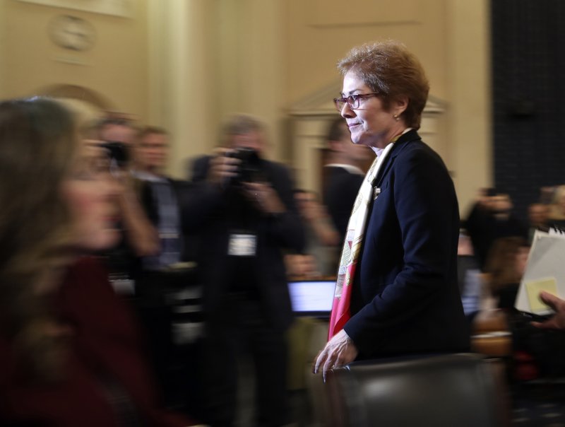 In this file photo dated Friday, Nov. 15, 2019, former U.S. Ambassador to Ukraine Marie Yovanovitch leaves after testifying to the House Intelligence Committee on Capitol Hill in Washington. Ukrainian police said Thursday that they have opened an investigation into the possibility that former ambassador Yovanovitch came under illegal surveillance before she was recalled from her post in US. - AP Photo/Andrew Harnik