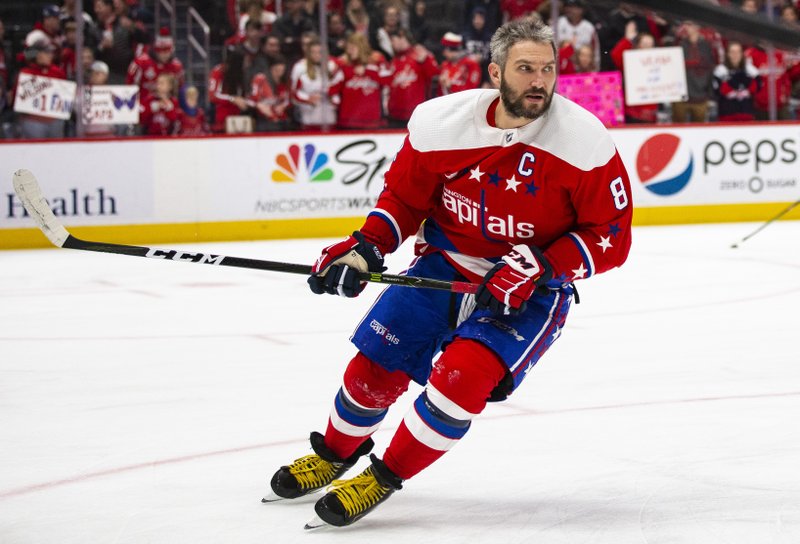 Washington Capitals left wing Alex Ovechkin (8), from Russia, skates during warmups before Thursday's game against the New Jersey Devils in Washington. - Photo by Al Drago of The Associated Press